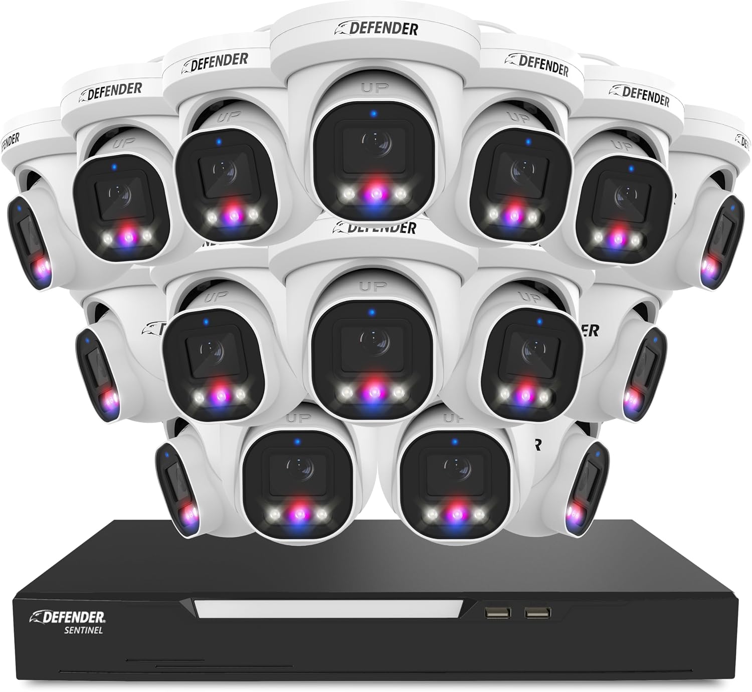 Defender AI Powered Sentinel Pro Turret 16CH NVR PoE Security Camera System, 16pc Metal Turret Cameras, 109° Wide Angle, IP66 Rated, Audio Recording, Web Viewing, 12TB HDD, Works w/Empower App