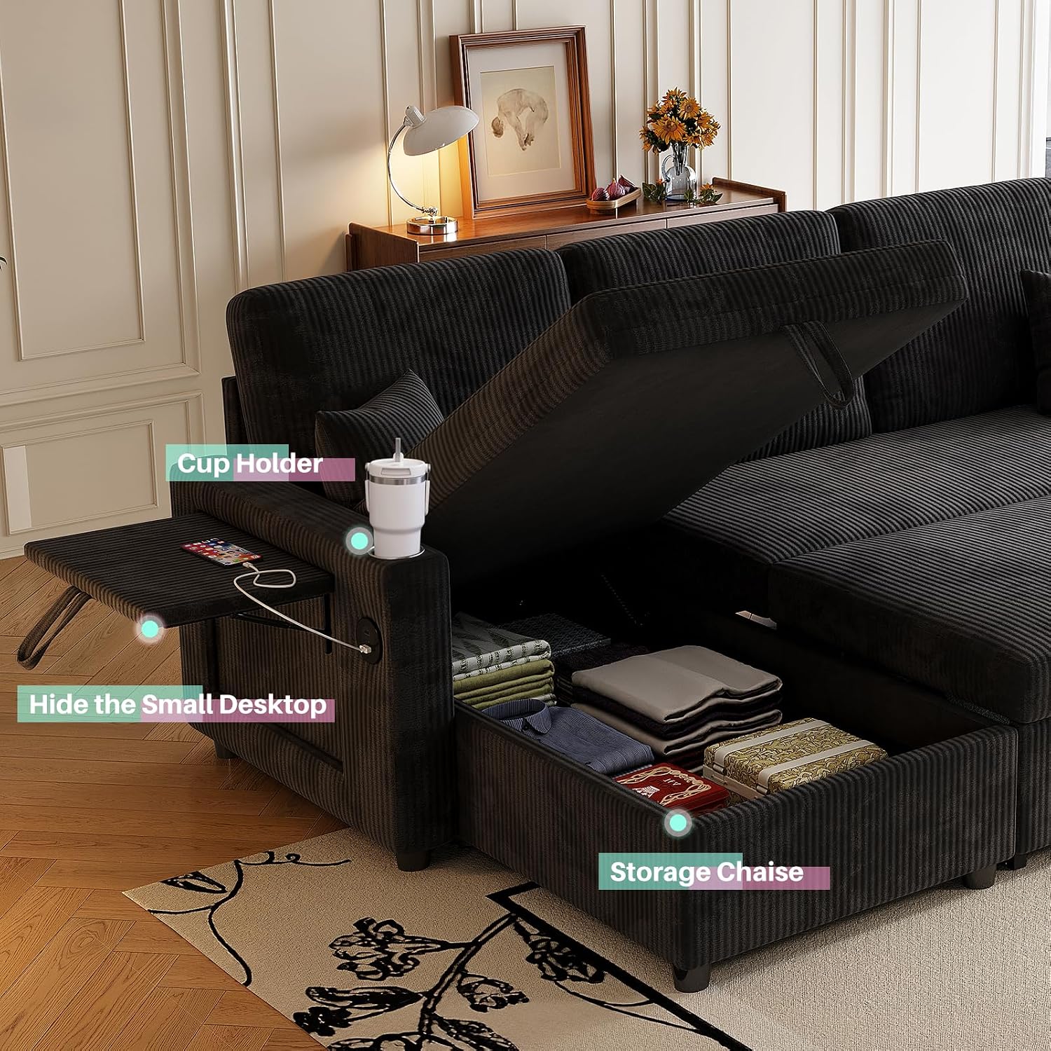 Sleeper Sectional Sofa, 83' Convertible Sofa Bed with Pull Out Couches, Small Desktop, L Shaped Couch with Reversible Chaise, Cup Holders, USB, Modern Corduroy Sofas for Living Room Apartment, Black