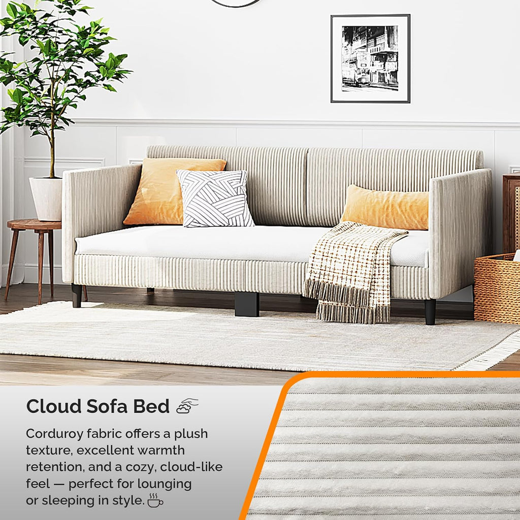 VINGLI Daybed Twin Size Corduroy Upholstered Comfy Sleeper Couch Sofa Bed for Living Room, Movie Room, Bedroom, Beige White