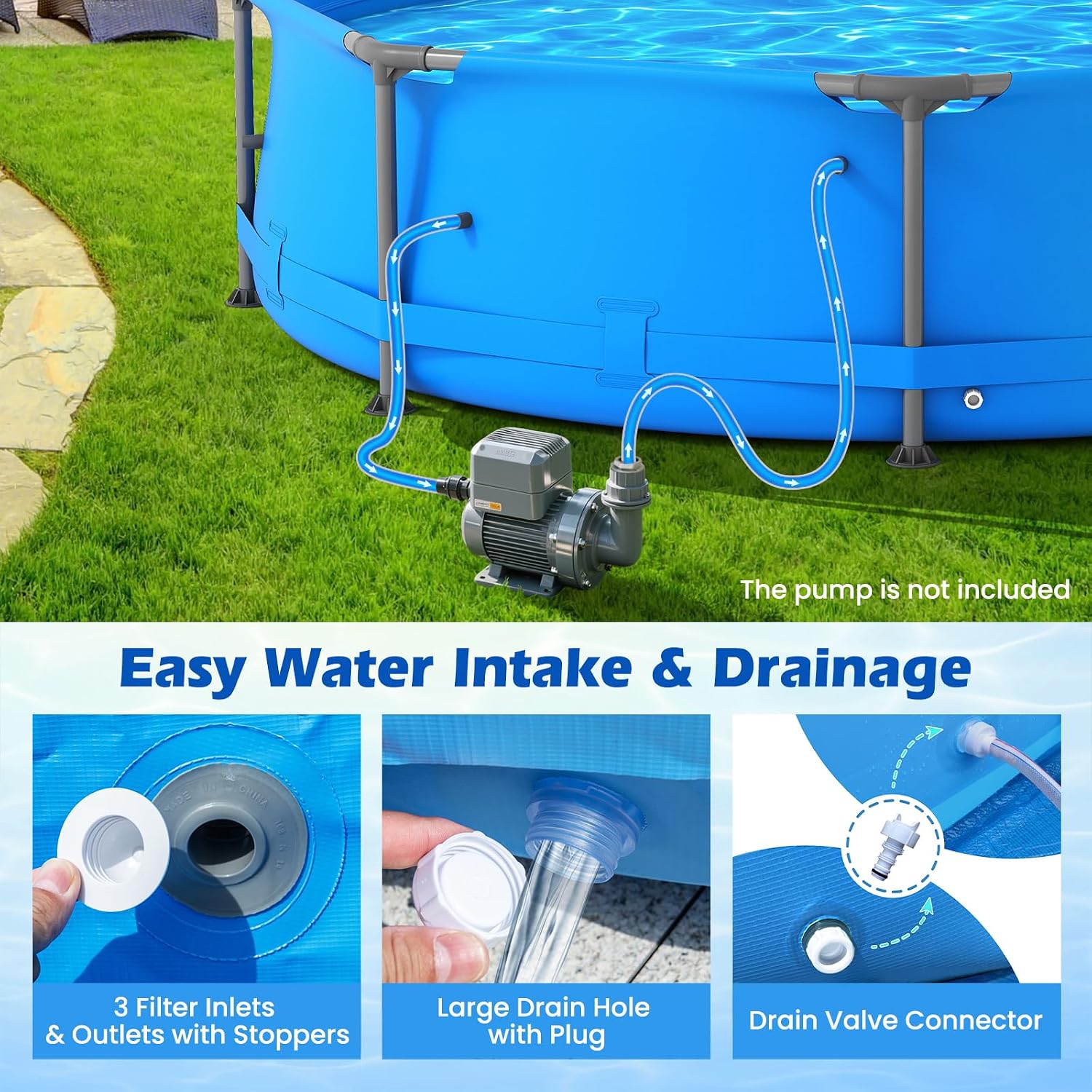 GYMAX 10ft x 30in Metal Frame Above Ground Swimming Pool, Outdoor Backyard Famliy Pool Set with Puncture-Resistant Fabric, Drainage Valve Connector for Kids & Adults (10' x 30', Round, Blue)