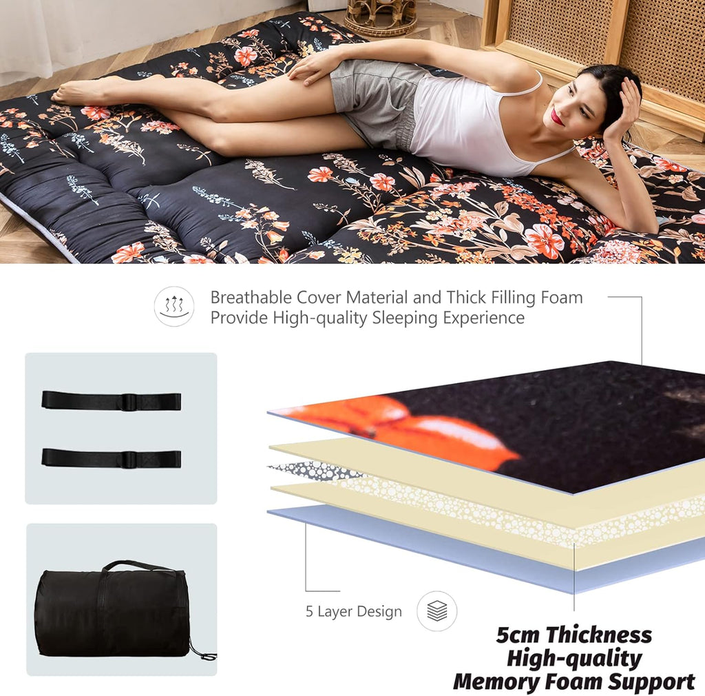 MAXYOYO Black Floral Japanese Futon Floor Mattress, Mattress Topper Portable Thick Sleeping Pad Floor Mat Roll Up Camping Mattress Folding Couch Mattress Pad for Guest Room King