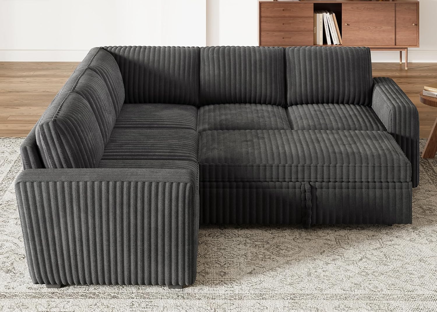 HONBAY Modular Sectional Sleeper Sofa with Pull Out Bed,Corduroy L Shaped Couch with Storage, Sectional Couches for Living Room,Dark Grey