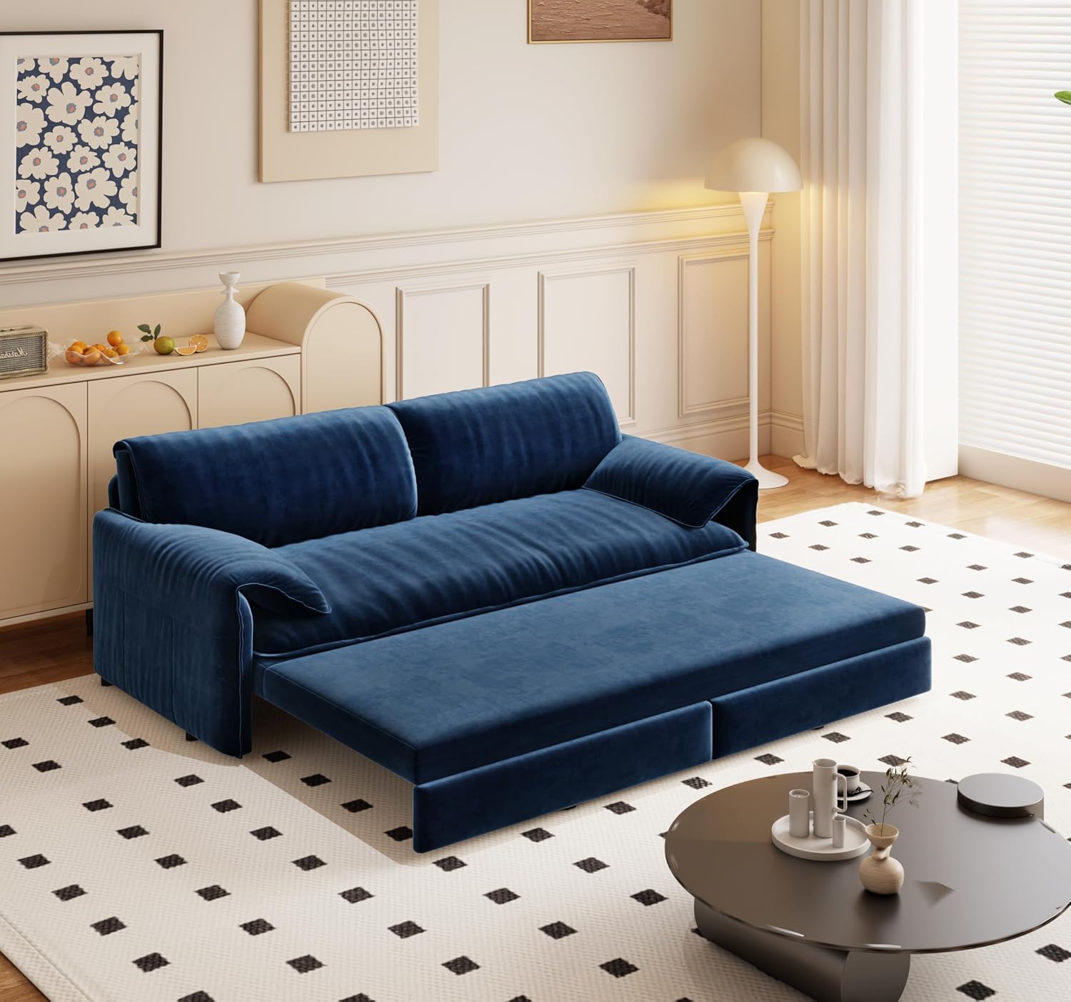 66' Sleeper Sofa Bed Queen Size, 3-in-1 Convertible Couch, Modern Pull Out Couches, Comfy Velvet Futon Sofa, Cloud Loveseat Lounge, Pillow Arm, for Small Spaces, Living Room, Apartment, Blue
