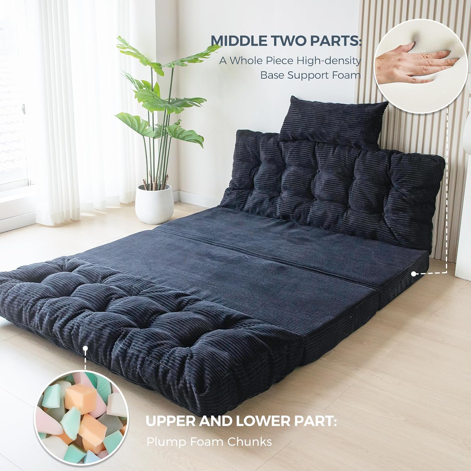 MAXYOYO Folding Sofa Bed, Tufted Bean Bag Bed with Pillows Floor Mattress for Adults, Extra Thick and Long Floor Sofa, Twin Couch for Bedroom Living Room, Black, 39x91 Inch