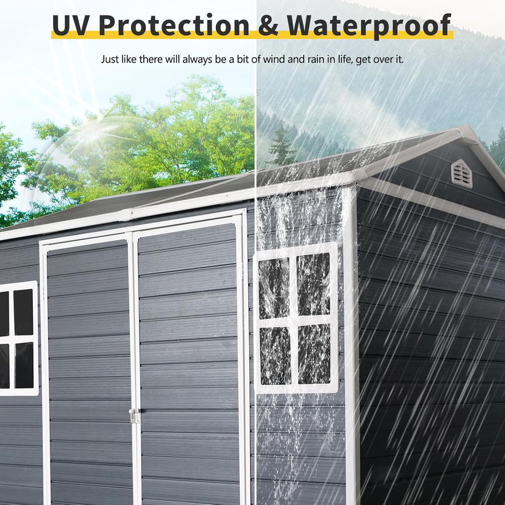 Ball & Cast 6x8 FT Outdoor Storage Shed,Multi-Wall Resin Panels Garden Tool House with 2 Window and Floor,Waterproof Cabinet W/Sloping Roof & Double Doors,Shelter for Patio,Lawn,Black