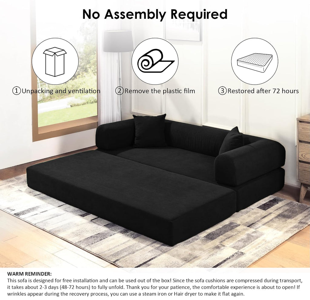 80' Convertible Sofa Bed, 3-in-1 Corduroy Folding Pull Out Couch with Pillows, No Assembly Modern Boneless Couch Compression Sofa in Box, Floor Sofa with Side Storage for Living Room,Black