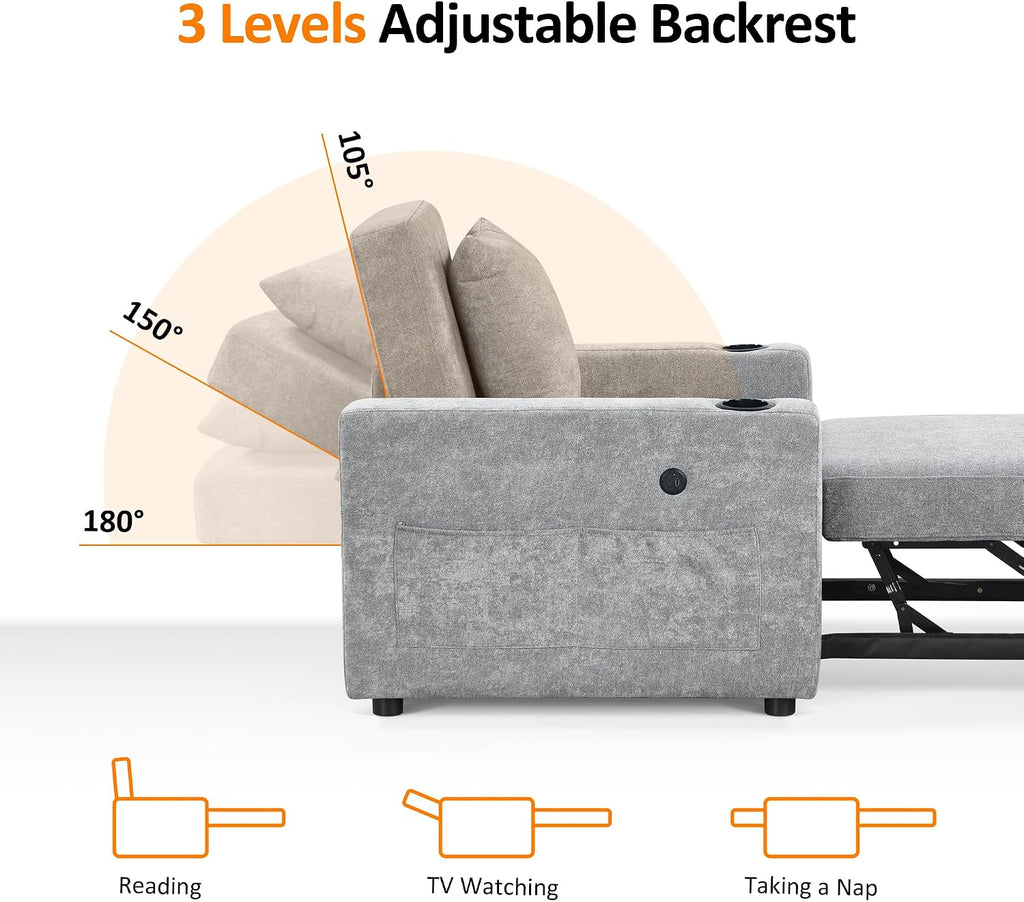 MCombo Convertible Sleeper Chair Bed, 3-in-1 Folding Sofa Chair with Adjustable Backrest, Pull-Out Bed with USB Port, Cup Holders, Linen Fabric, for Small Spaces Living Room Guest Room Office VN6001