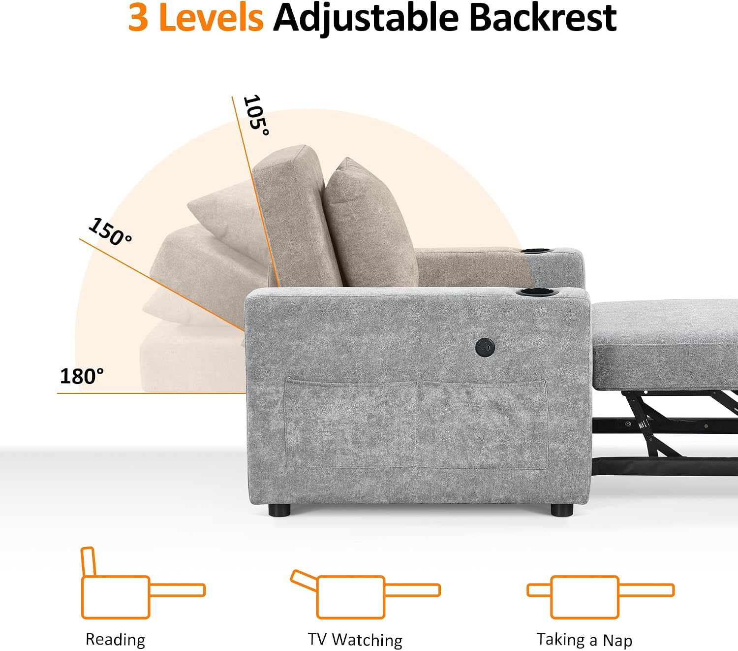 MCombo Convertible Sleeper Chair Bed, 3-in-1 Folding Sofa Chair with Adjustable Backrest, Pull-Out Bed with USB Port, Cup Holders, Linen Fabric, for Small Spaces Living Room Guest Room Office VN6001