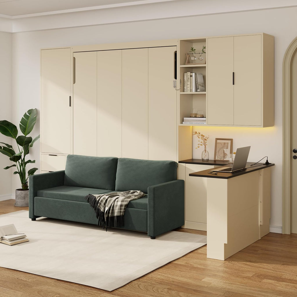 Merax Queen Size Wood Murphy Bed with Upholstered Sofa & Desk, Multifunctional Foldable Wall Platform Bed w/USB Charging Station for Guest-Room, Bedroom, Space Saving, Beige + Green