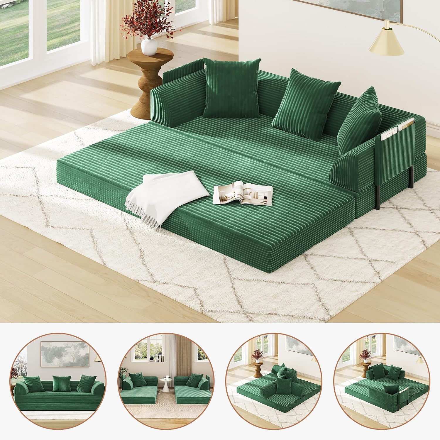 XVD 79' Boneless Sleeper Sofa Bed, Convertible Futon Couch with Pillows and Storage Pocket, Pull Out Compressed Sofa for Living Guest Room Bedroom, Green