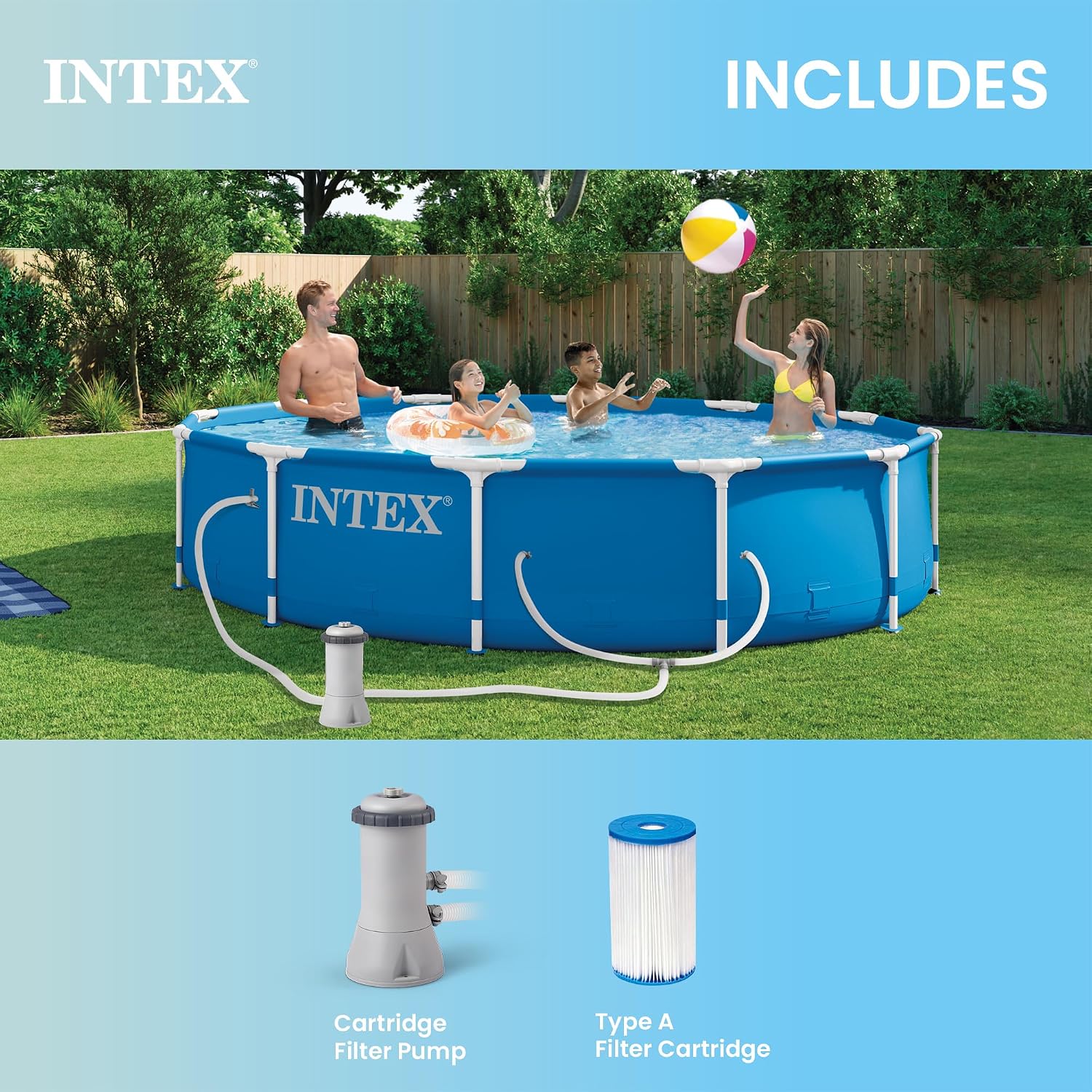 INTEX Metal Frame 12 ft x 30 in Above Ground Pool Set, Round Swimming Pool with Steel Frame, 530 GPH Cartridge Filter Pump, and Type A Filter Cartridge