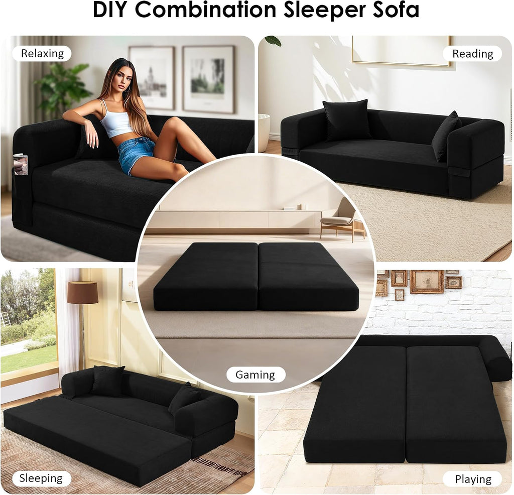 80' Convertible Sofa Bed, 3-in-1 Corduroy Folding Pull Out Couch with Pillows, No Assembly Modern Boneless Couch Compression Sofa in Box, Floor Sofa with Side Storage for Living Room,Black