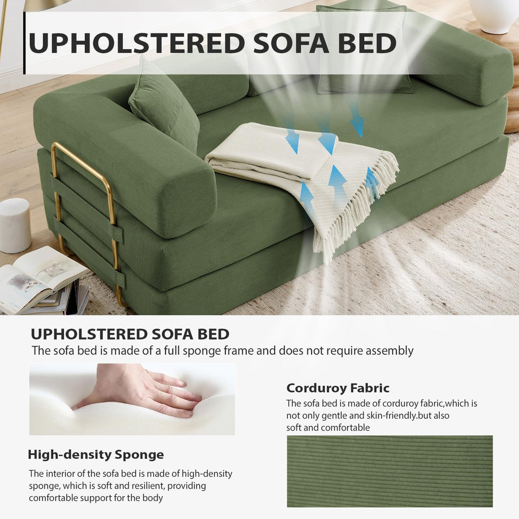 HANXIN 78 Inch Convertible Sleeper Sofa Bed, Folding Floor Mattress Couch with Fixed-Shape Frame, Futon Boneless Couch Lounge Loveseat with Pull Out Bed, No Assembly Required (Green)