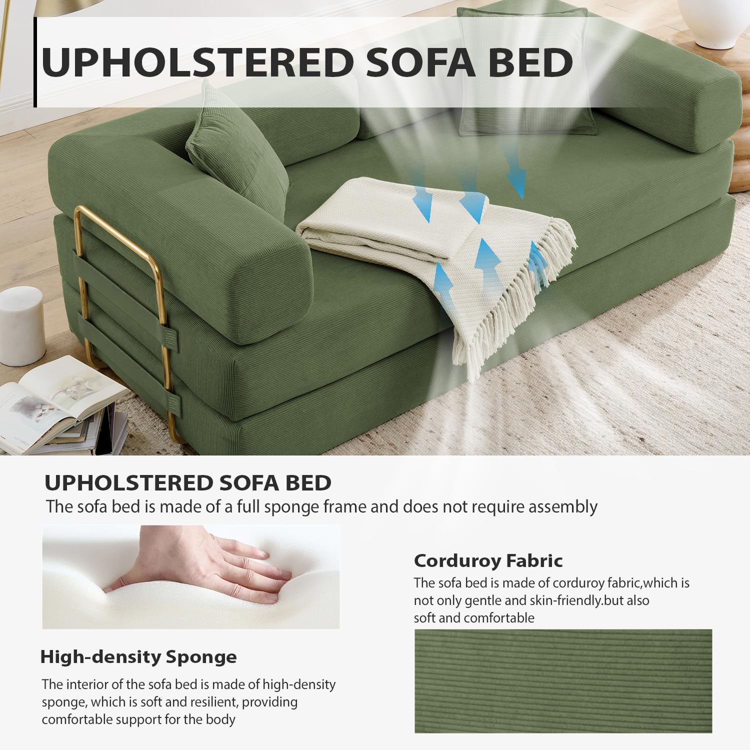 HANXIN 78 Inch Convertible Sleeper Sofa Bed, Folding Floor Mattress Couch with Fixed-Shape Frame, Futon Boneless Couch Lounge Loveseat with Pull Out Bed, No Assembly Required (Green)