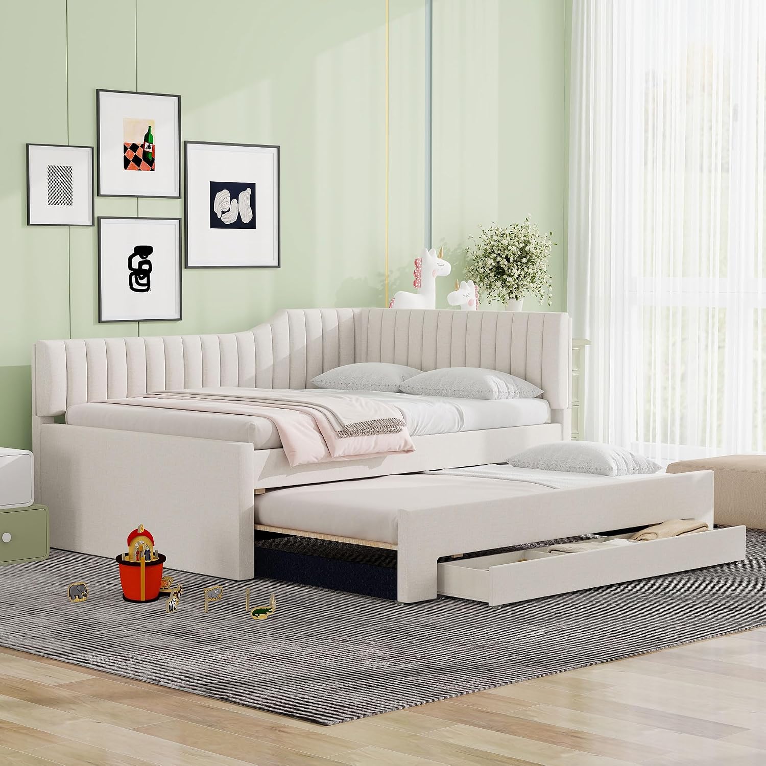 Merax Full Size Upholstered Wood Daybed Extendable Sofa Bed with Trundle and Three Storage Drawers for Living Room Guest Room, Beige