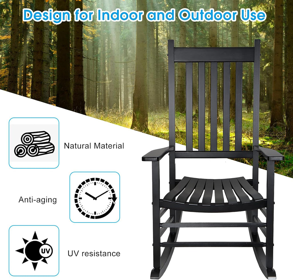 Rocking Chair Wooden Frame Chair Indoor and Outdoor Fade Resistant Rocker with 350lbs Weight Capacity All Weather Porch Rocker for Garden Lawn Balcony Backyard and Patio Porch (2, Black)