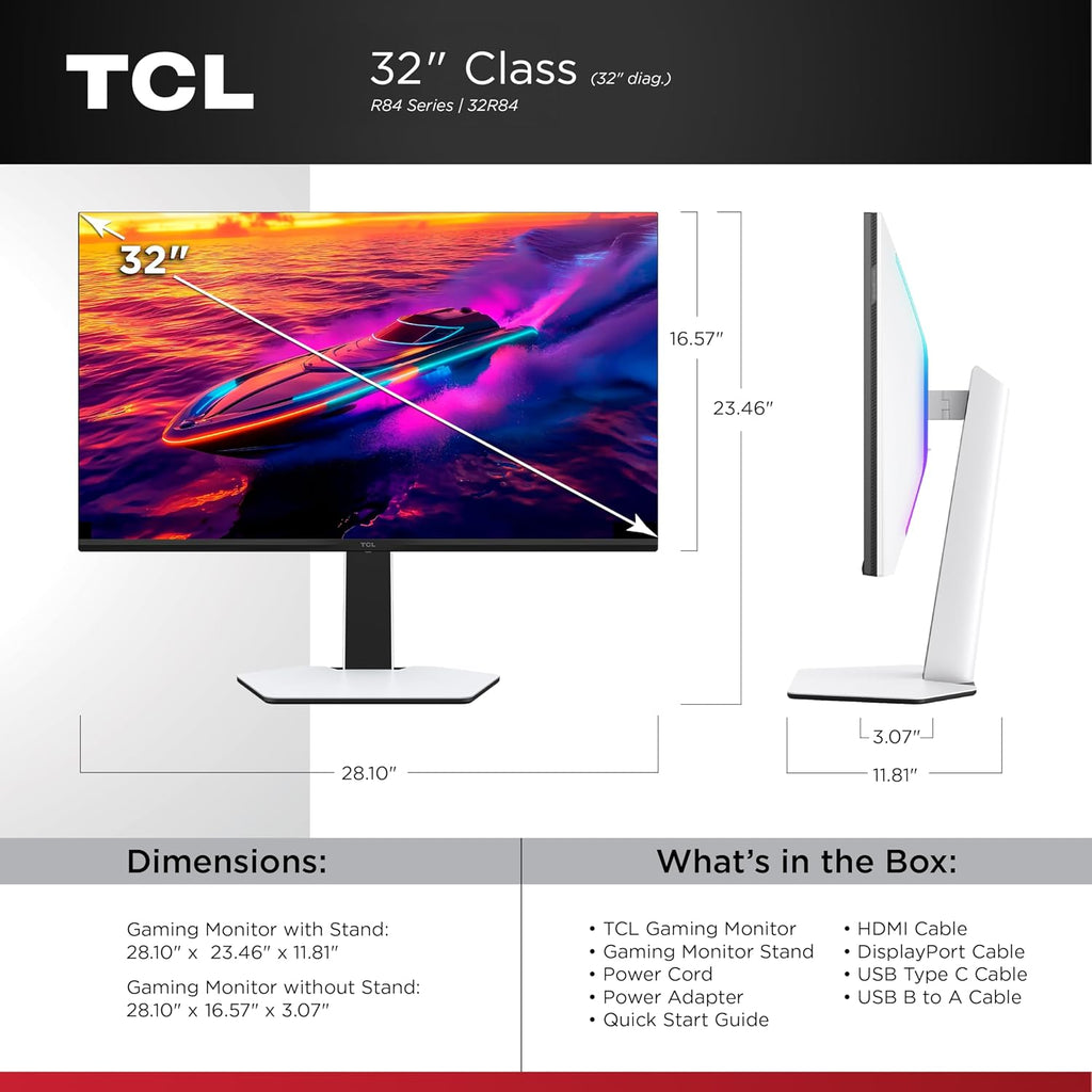 TCL 32' R84 Series 4K UHD HDR QD-Mini LED Gaming Monitor (32R84, 2025 Model) Halo Control System, 165Hz Refresh Rate, LD1400 Precise Dimming, HDR1400 Brightness, 1ms, AMD FreeSync, NVIDIA G-SYNC