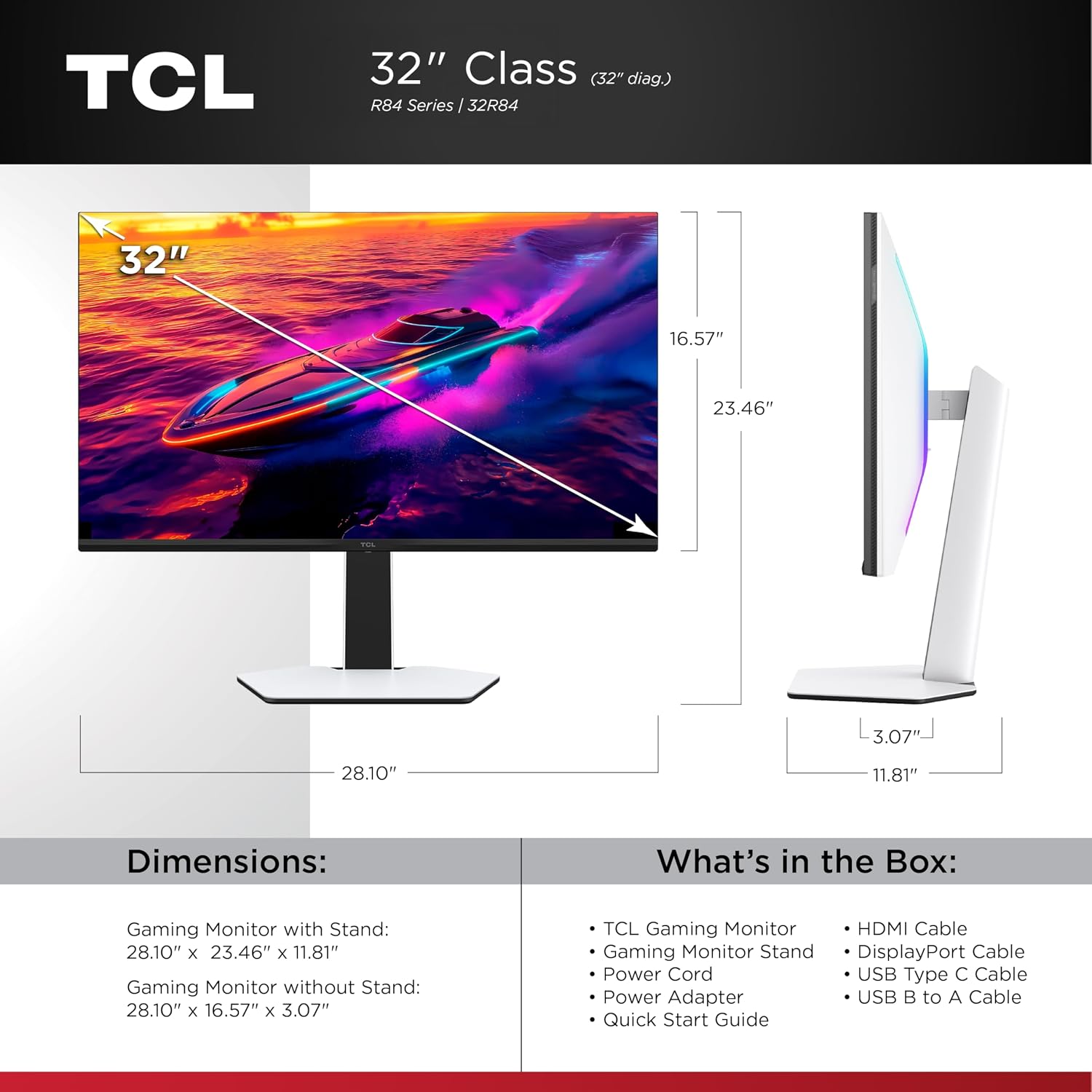 TCL 32' R84 Series 4K UHD HDR QD-Mini LED Gaming Monitor (32R84, 2025 Model) Halo Control System, 165Hz Refresh Rate, LD1400 Precise Dimming, HDR1400 Brightness, 1ms, AMD FreeSync, NVIDIA G-SYNC