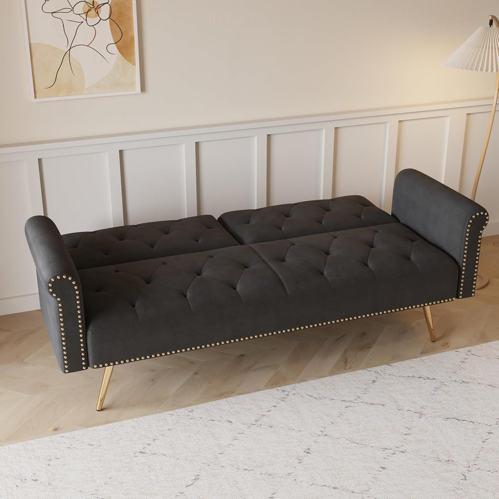 Convertible Futon Sofa Bed , Adjustable Sleeper Couch Modern Velvet Tufted Recliner Reversible Loveseat Folding Daybed Guest Bed Sofacama w/ Nailhead Trim and Golden Metal Legs for Living Room Office