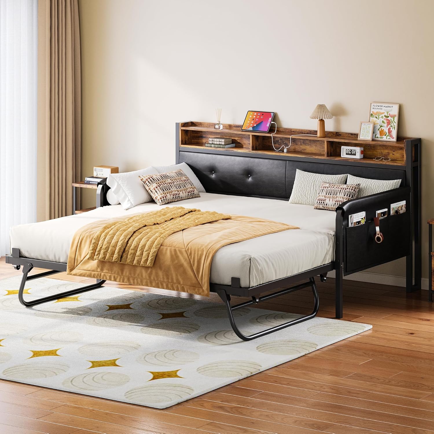 LIKIMIO Daybed with Trundle, Twin Bed Frame with Upholstered Headboard and Charging Station, Sofa Day Bed with Strong Supports for Living Room, Bedroom and Guest Room, Dark Black