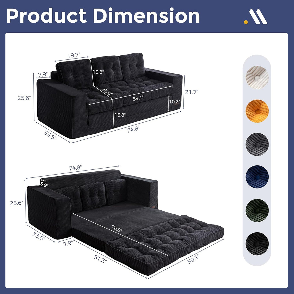 MAXYOYO Convertible Sofa Bed, Pull Out Oversized Loveseat Sleeper Sofa, 2 in 1 Folding Couch Bed, Fold Out Floor Couch with Pillows for Living Room Bedroom Lounge, Black