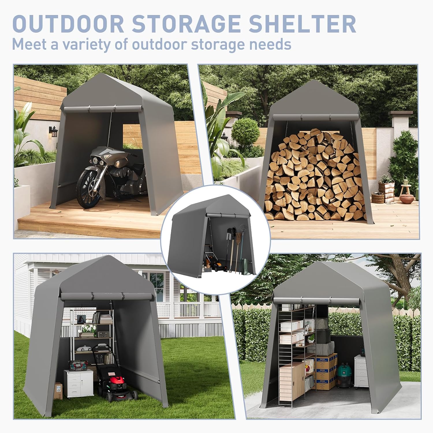 GarveeLife 6X8 ft Heavy Duty Outdoor Shed,Portable Storage Shed,with 2 Rolled Up Zipper Doors,Vents Carports & Waterproof Cover Temporary Shelter for Motorcycle,Gardening Tools and Generator(Black)
