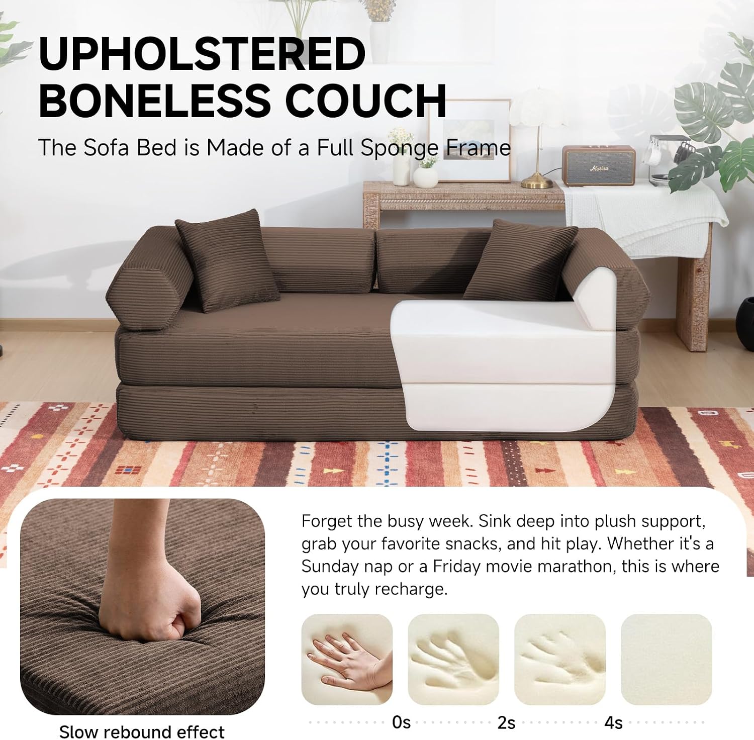 79' Boneless Couches for Living Room, Corduroy Sofa Bed with 2 Pillows,Side Pockets,Hex Arm, 5-in-1 Loveseat Sleeper Sofa for Small Spaces, High-Density Foam Couch, No Assembly, Brown