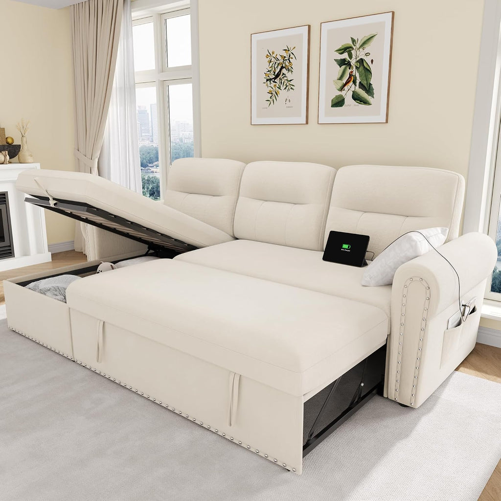 Sleeper Sofa Bed, 83'' Pull Out Couch Bed with Reversible Storage Chaise & Nailhead Armrest, Sectional Couches for Living Room, Side Pocket & Charging Station, Removable Backrest, Velvet Fabric, Beige