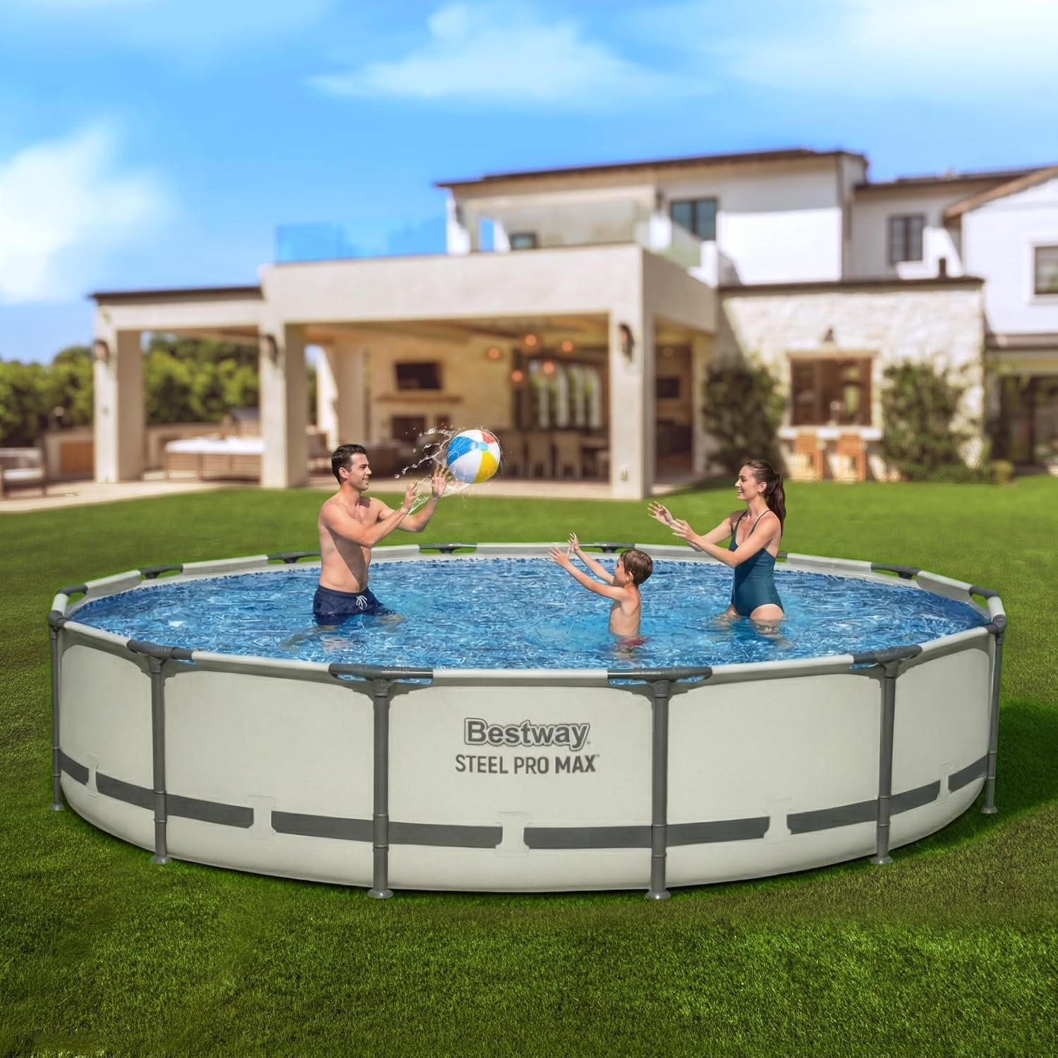 Bestway Steel Pro MAX 14' x 33' Round Above Ground Swimming Pool Set, 530 GPH Filter Pump, Tritech Puncture Resistant Liner, ClickConnect Steel Frame, Gray