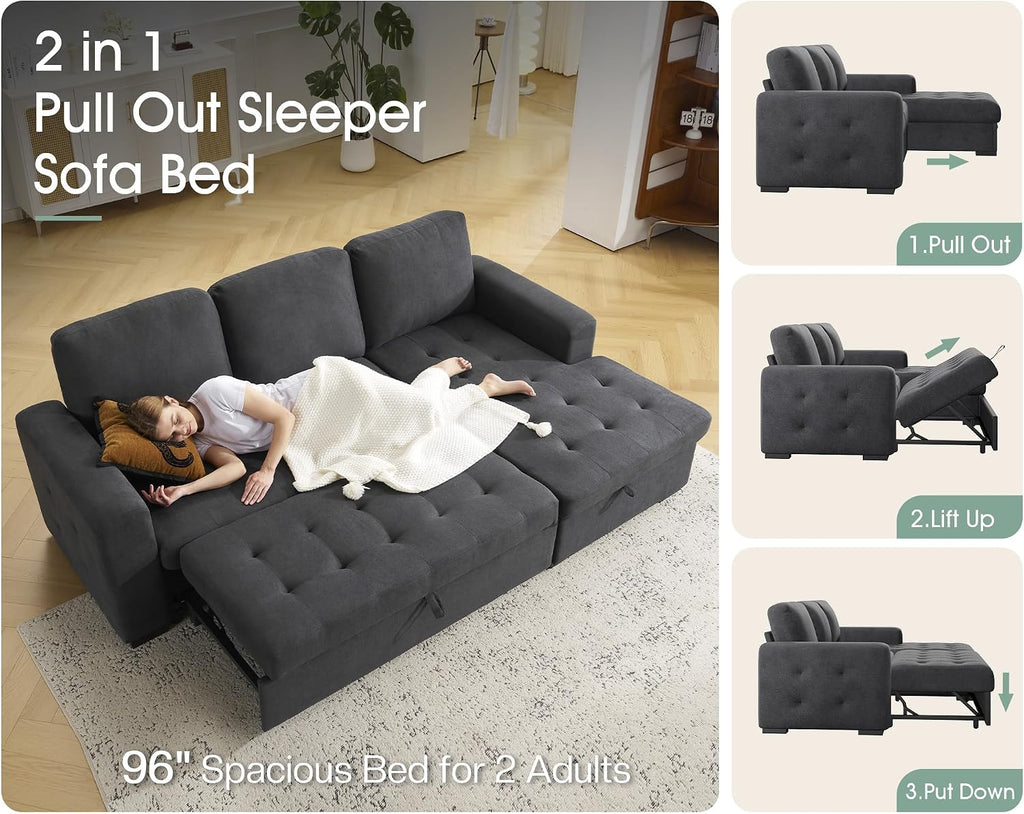 VanAcc 96' Sleeper Sofa, Sofa Bed Couch with Storage Chaise, Sleeper Couch with Pull Out Bed for Living Room(Grey)