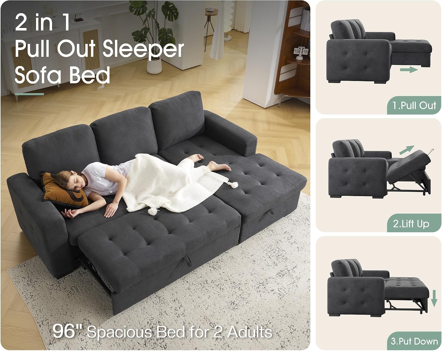 VanAcc 96' Sleeper Sofa, Sofa Bed Couch with Storage Chaise, Sleeper Couch with Pull Out Bed for Living Room(Grey)