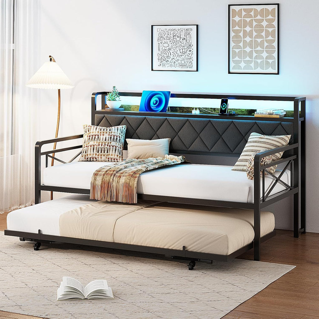 VINGLI Twin Daybed with Pop-up Trundle Bed, Day Bed with LED Light & Charing Station, Upholstered Bed Frame with Storage Headboard and Heavy Duty Metal Slats, Living Room, Bedroom, Guest Room, Gray