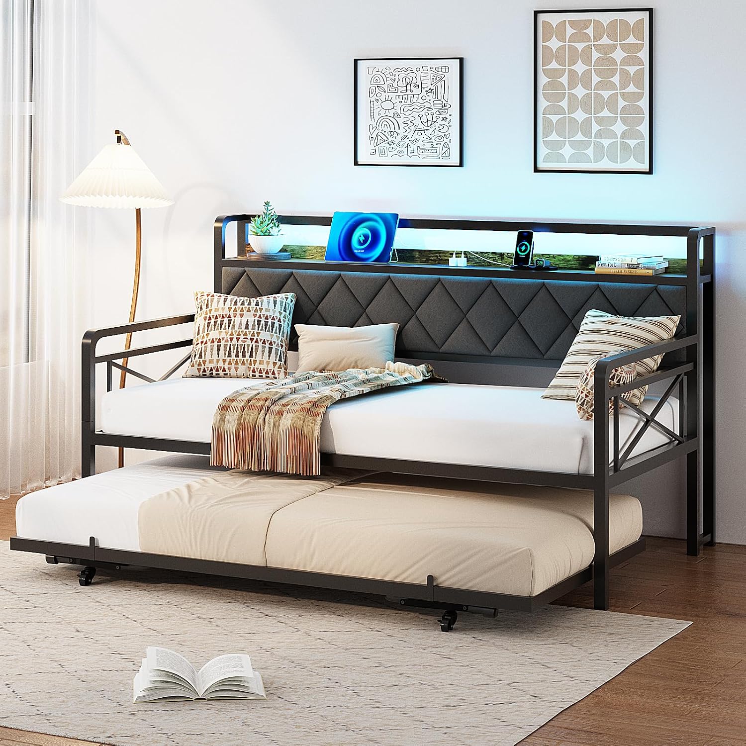 VINGLI Full Daybed with Trundle Bed, Upholstered Day Bed with LED Light & Charing Station, Sofa Bed Frame with Storage Headboard and Heavy Duty Metal Slats, for Living Room, Bedroom, Guest Room, Gray
