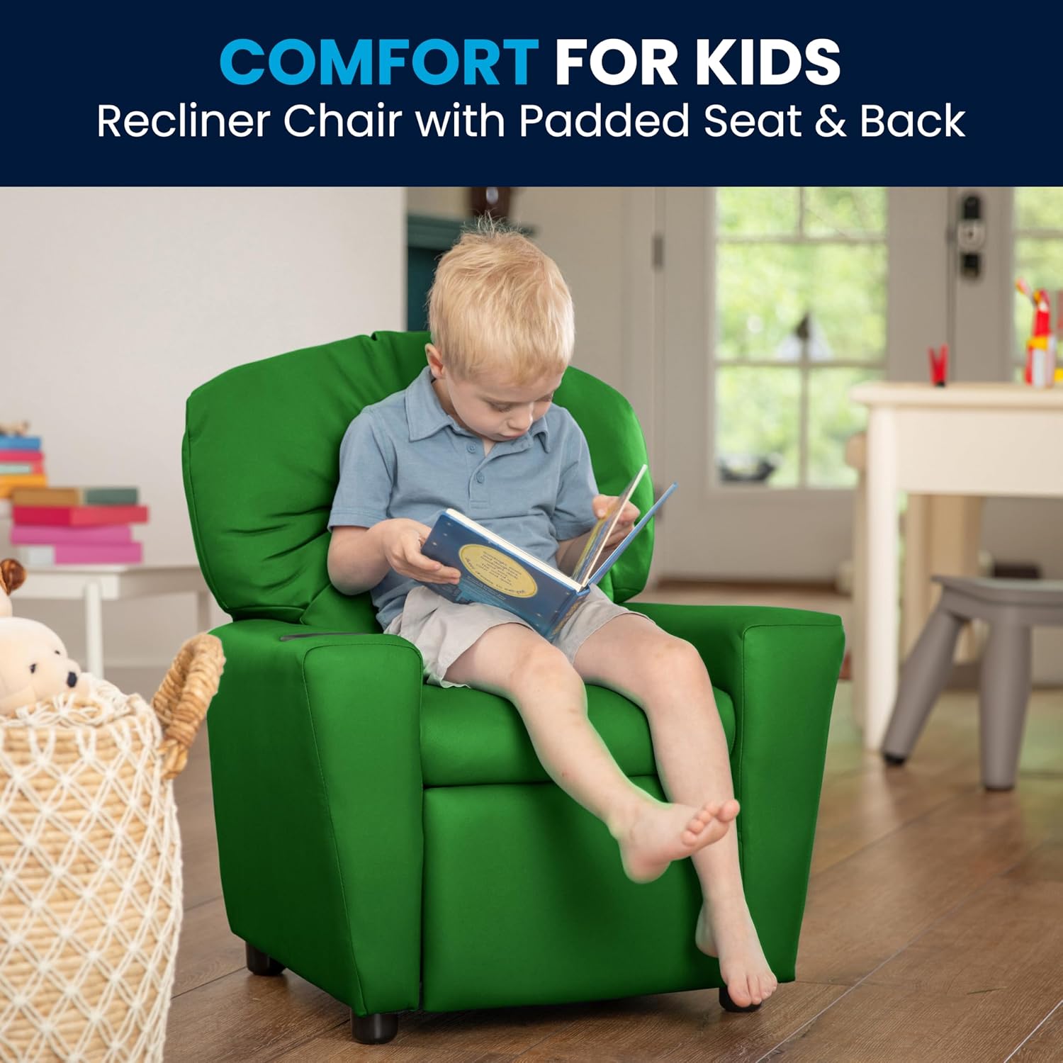 Flash Furniture Chandler Vinyl Kids Recliner with Cup Holder and Safety Recline, Contemporary Reclining Chair for Kids, Supports up to 90 lbs., Green