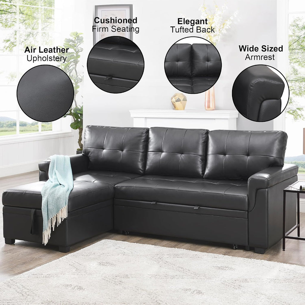 Naomi Home L Shaped Sectional Couch with Storage & Pull Out Bed – 3-in-1 Convertible Sleeper Sofa Bed, Small L Shape Sofa for Living Room, Sofa Bed with Storage Chaise in Black, Air Leather