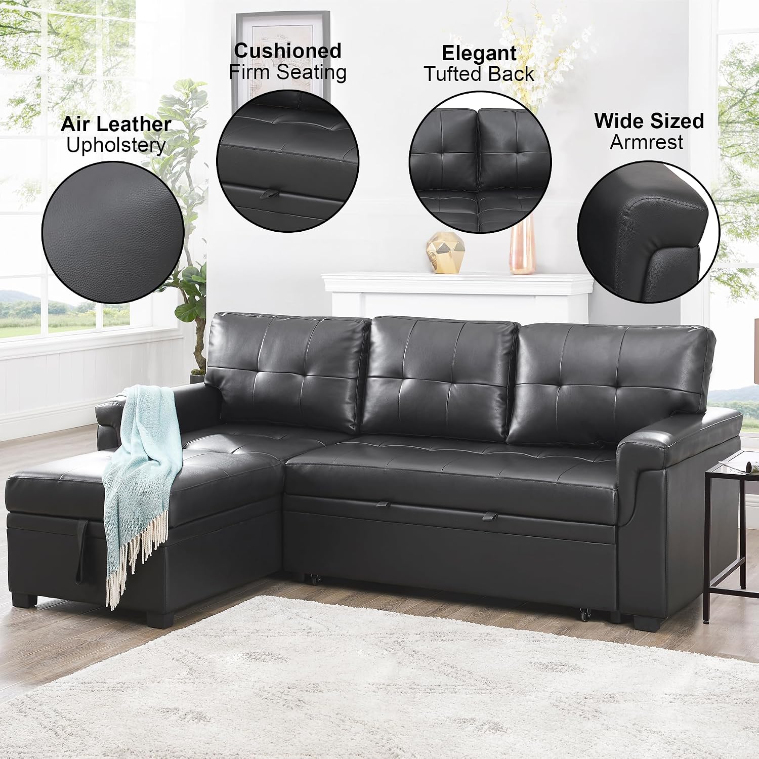 Naomi Home L Shaped Sectional Couch with Storage & Pull Out Bed – 3-in-1 Convertible Sleeper Sofa Bed, Small L Shape Sofa for Living Room, Sofa Bed with Storage Chaise in Black, Air Leather