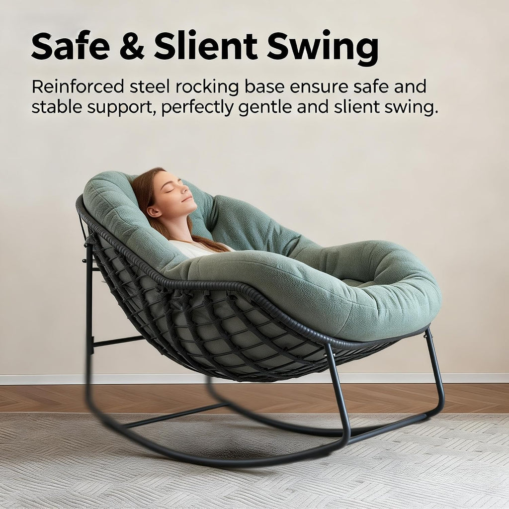 Oversized Outdoor Papasan Rocking Chair with Soft Cushion, Comfy Patio Egg Chair, Wicker Lounge Rocker for Balcony/Porch/Garden, Reinforced All Weather Rattan Frame, 330 lbs Support, Hunter Green