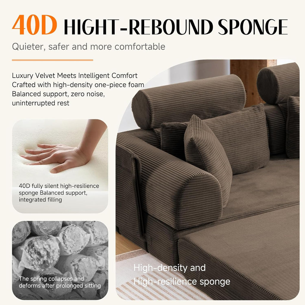 79' Convertible Boneless Couch for Small Spaces, 6-in-1 Corduroy Sofa Bed with High Backrest, Pillows, High-Density Foam Loveseat Sleeper Couch in a Box for Living Room, No Assembly, Brown