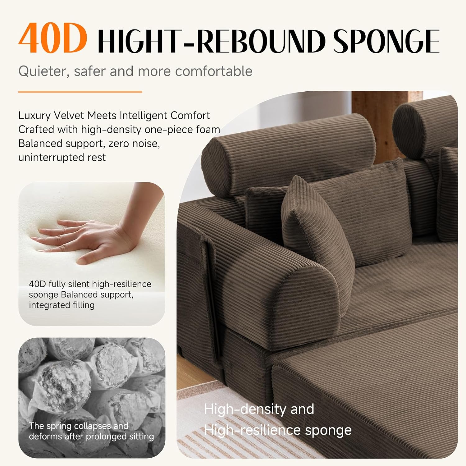 79' Convertible Boneless Couch for Small Spaces, 6-in-1 Corduroy Sofa Bed with High Backrest, Pillows, High-Density Foam Loveseat Sleeper Couch in a Box for Living Room, No Assembly, Brown