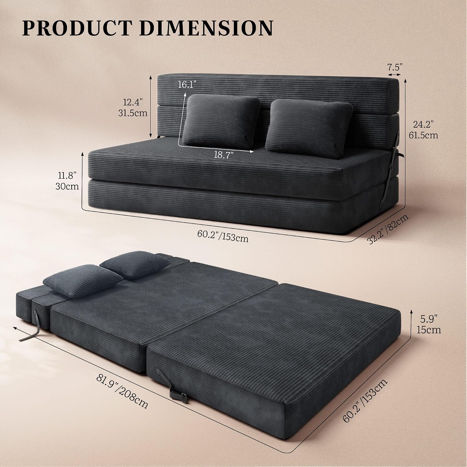YITAHOME Convertible Sofa Bed, Floor Futon Couch with Corduroy Cover & High-Density Memory Foam, Folding Chair Bed for Dorms Guest Room and Apartment, Queen Size, Black