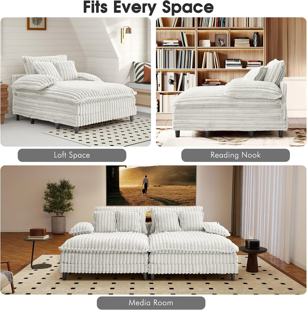 WESTSETLUX 54.8' W Oversized Chaise Lounge Chair Indoor with 5-Position Adjustable Backrest, Plush Sleeper Sofa Bed with Pillows, Upholstered Cloud Couch Chair for Living Room, Study Room, Silver Grey