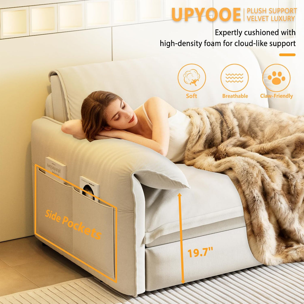 63.8' Sofa Bed Queen Size, Pull Out Couch Bed, 3-in-1 Convertible Sleeper Sofa with Side Pocket, Modern Velvet Futon Couch for Living Room, Small Space, Apartment, Bedroom, Beige