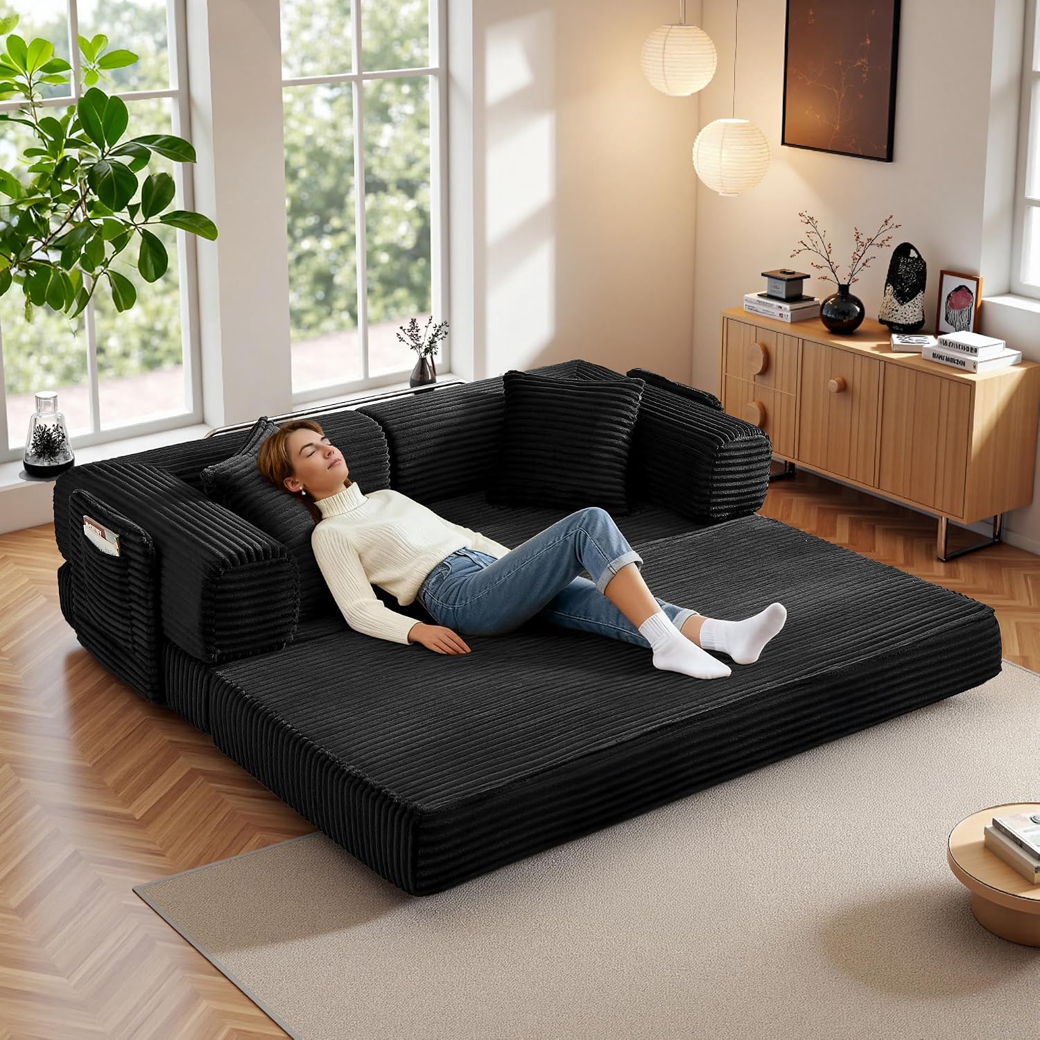Boneless Couch Futon Sofa Bed Sectional Couches for Living Room,Cloud Couch with Sleeper Sofa,Sofas for Living Room Oversized Corduroy Upholstered (Black, 81 Inches (with Iron Frame))