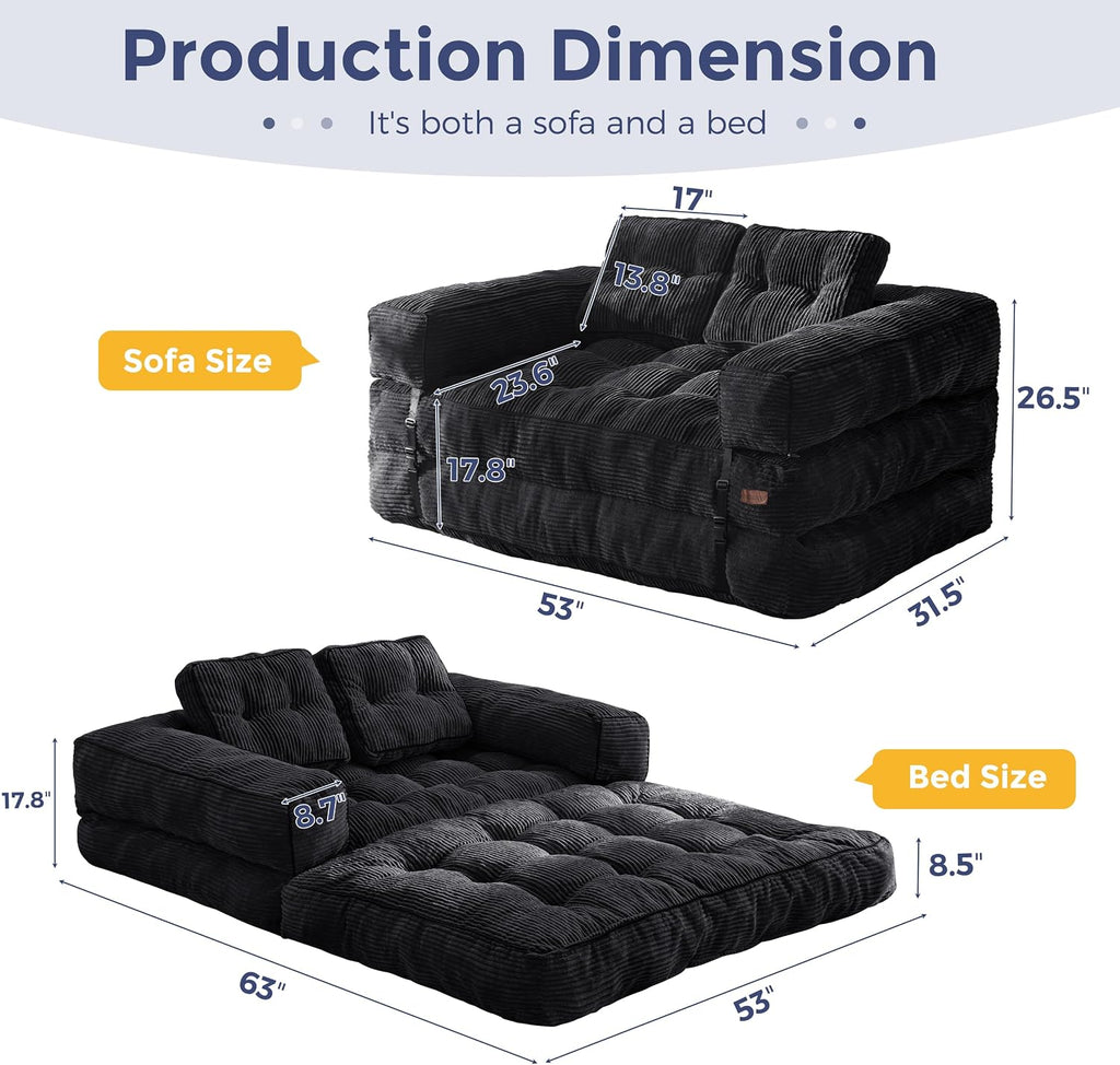 MAXYOYO Folding Sofa Bed, L-Shaped Convertible Sofa Bed with Armrest Foldable Sleeper Couch with Pillow, Portable Fold Out Chair Comfy Floor Couch Lounge for Living Room Bedroom, Black, Double