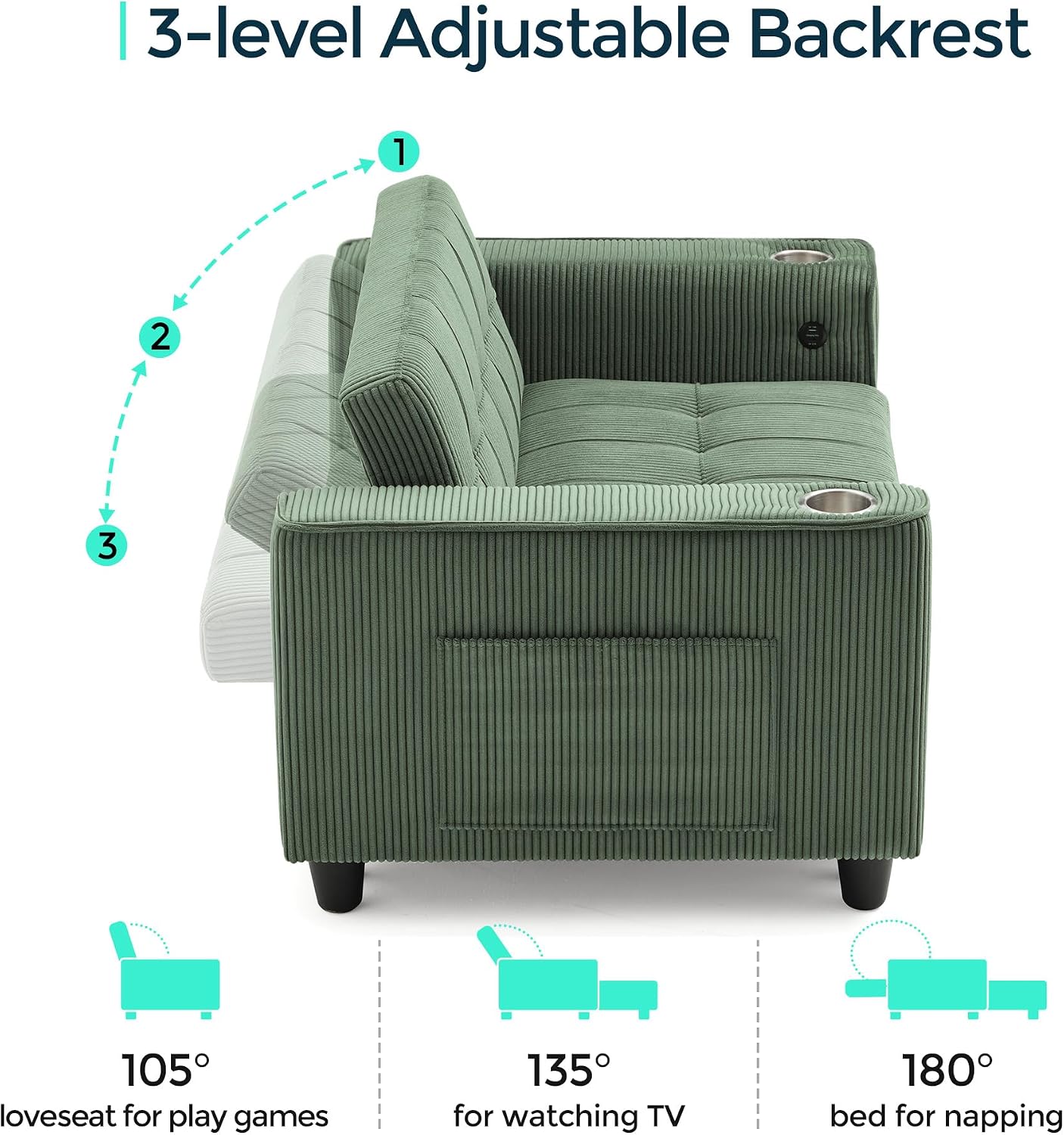 LINSY 3-in-1 Convertible Sofa Bed, 54' Pull Out Sleeper Sofa with Charging Station & Cup Holder, Small Corduroy Couch Folding Loveseat with Side Pocket for Small Space, Green