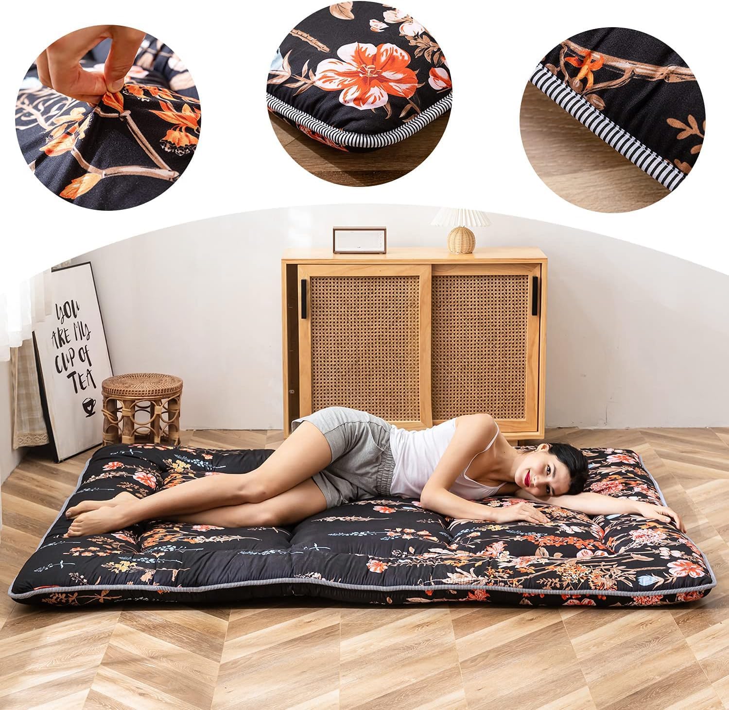 MAXYOYO Black Floral Japanese Futon Floor Mattress, Mattress Topper Portable Thick Sleeping Pad Floor Mat Roll Up Camping Mattress Folding Couch Mattress Pad for Guest Room King