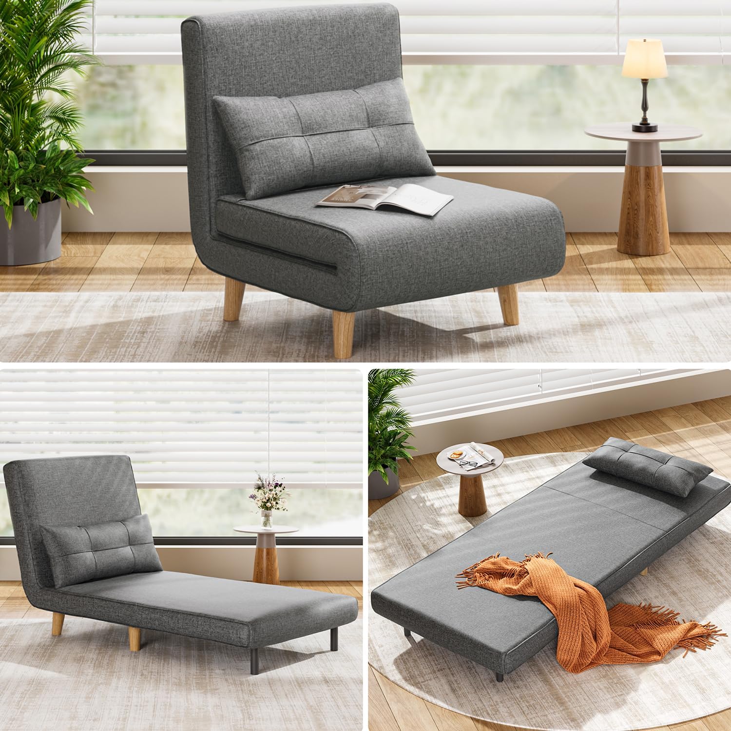 Aiho 3 in 1 Sleeper Chair Bed, Convertible Chair Bed Futon Sofa with Adjustable Backrest, Accent Chair for Apartment/Bedroom/Office, Dark Grey