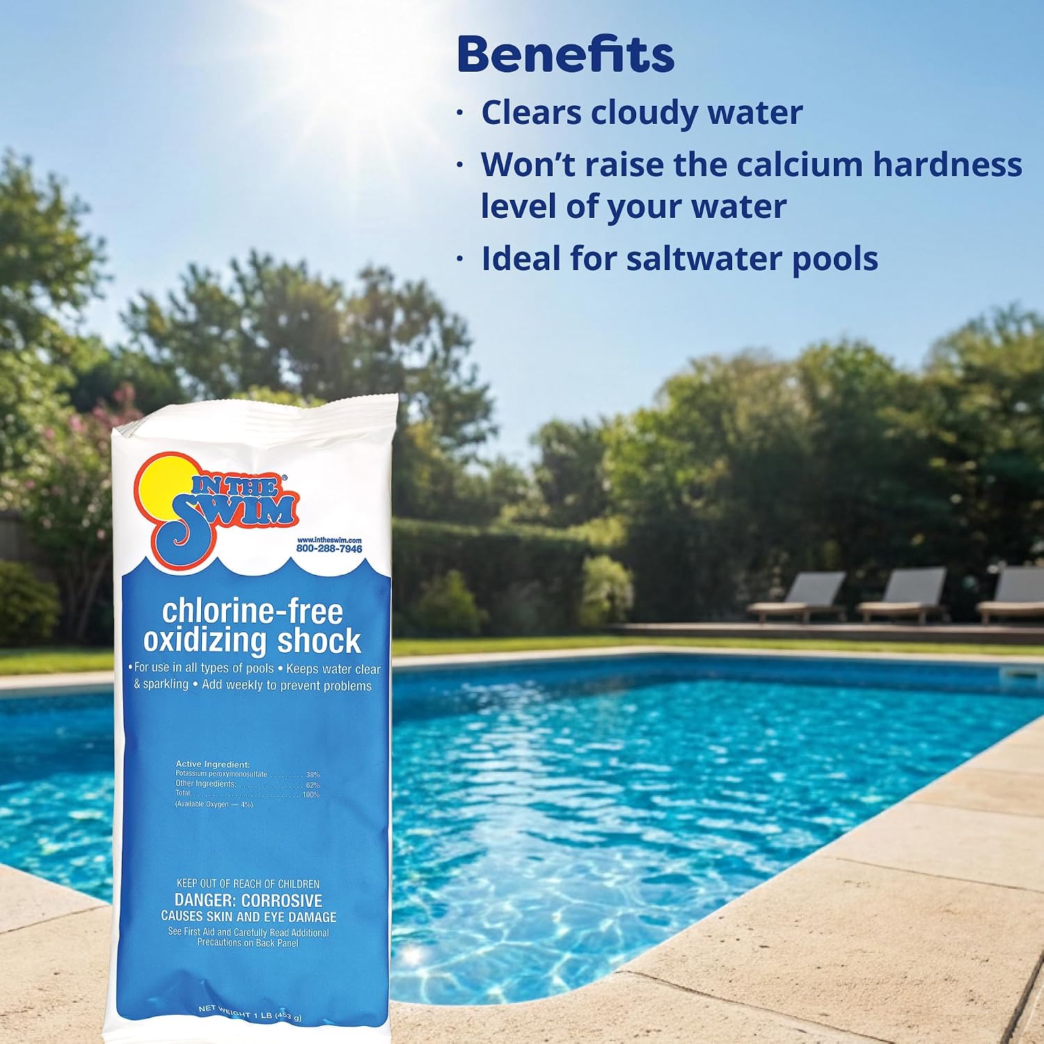 In The Swim Chlorine-Free Pool Shock - Quick Dissolving, Fast-Acting, Shock-Oxidizer for Swimming Pools, Spas, and Salt Chlorinated Pools Compatible - 24 x 1 Pound Bags