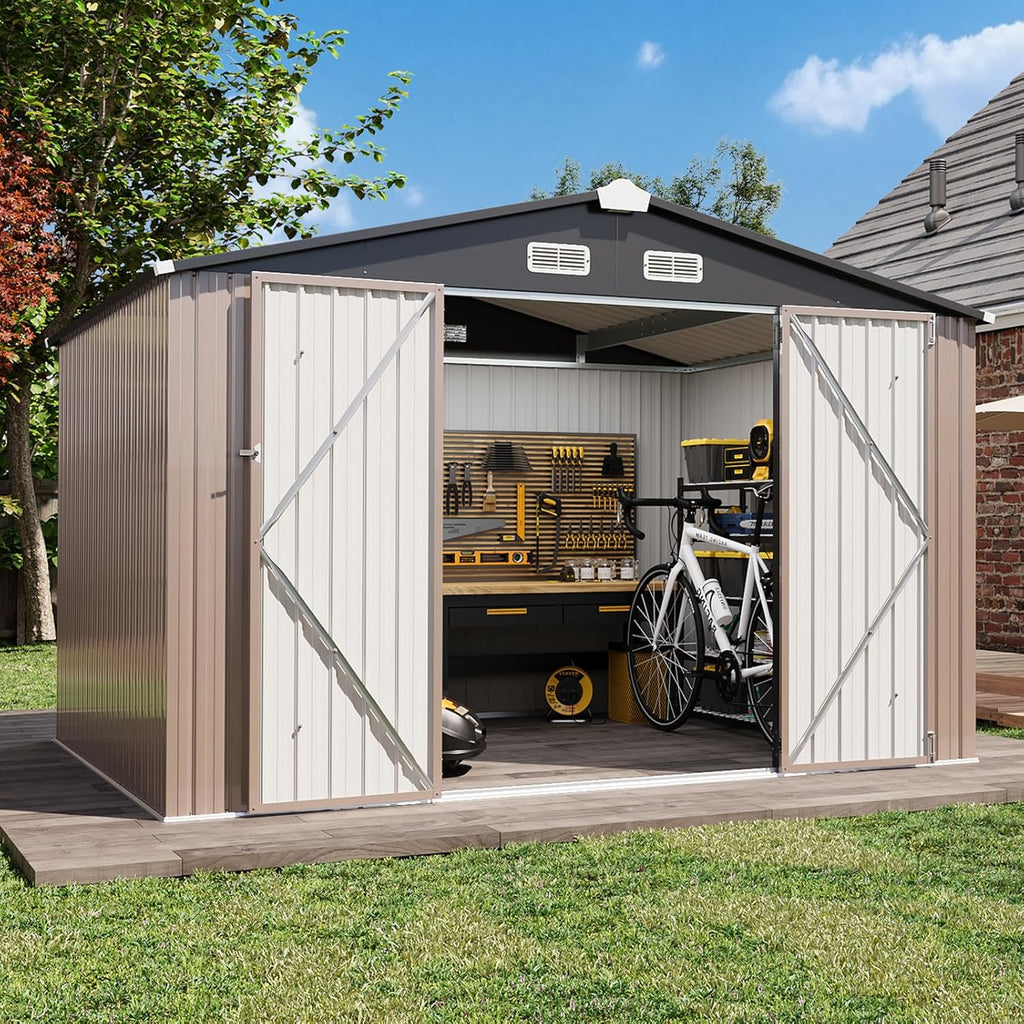 Aoxun 8x6 FT Outdoor Storage Shed - Metal Shed with Lockable Doors & Air Vents, Waterproof Outside Storage Shed for Tool, Garbage Can, Bike, Mower, for Backyard Garden Patio, Brown
