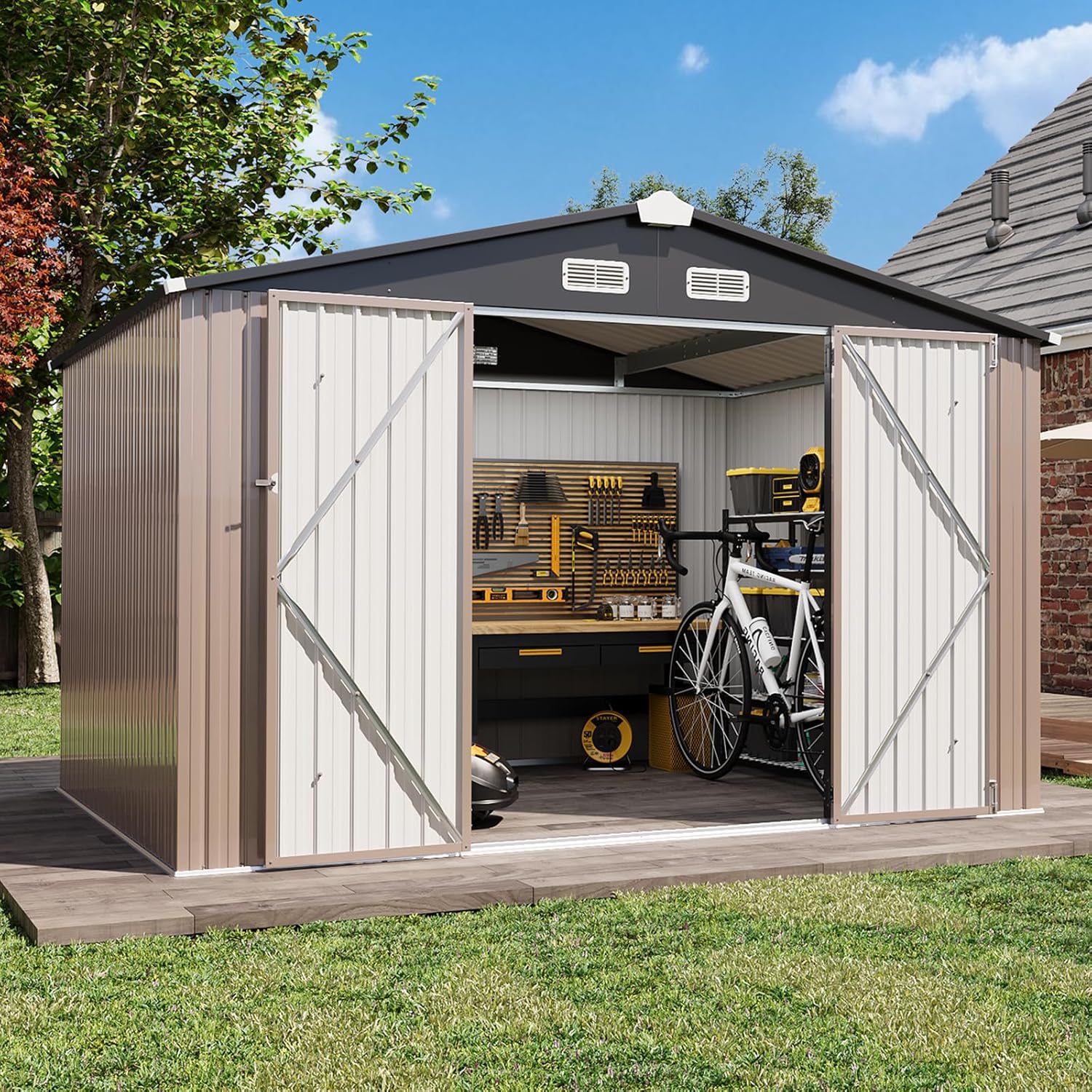 Aoxun 8x6 FT Outdoor Storage Shed - Metal Shed with Lockable Doors & Air Vents, Waterproof Outside Storage Shed for Tool, Garbage Can, Bike, Mower, for Backyard Garden Patio, Brown
